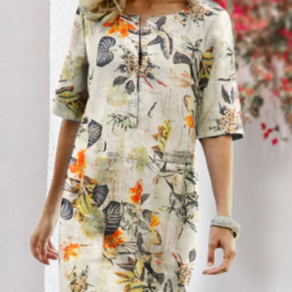 Women Vintage Cotton Floral Plant Print O-neck - Picture 1 of 2